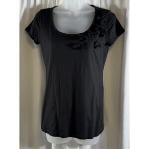 Ann Taylor LOFT Short Sleeves Rosettes Shoulder T Shirt Black S Casual 72-41